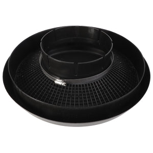 Product: AGCO | HOOD AIR INLET - AG600849
Brand: AGCO

Description: The AGCO HOOD AIR INLET - AG600849 is a round black plastic air intake adapter designed with a mesh screen, central circular opening, and an adjustable metal clamp. No additional product description details are currently available beyond these features.