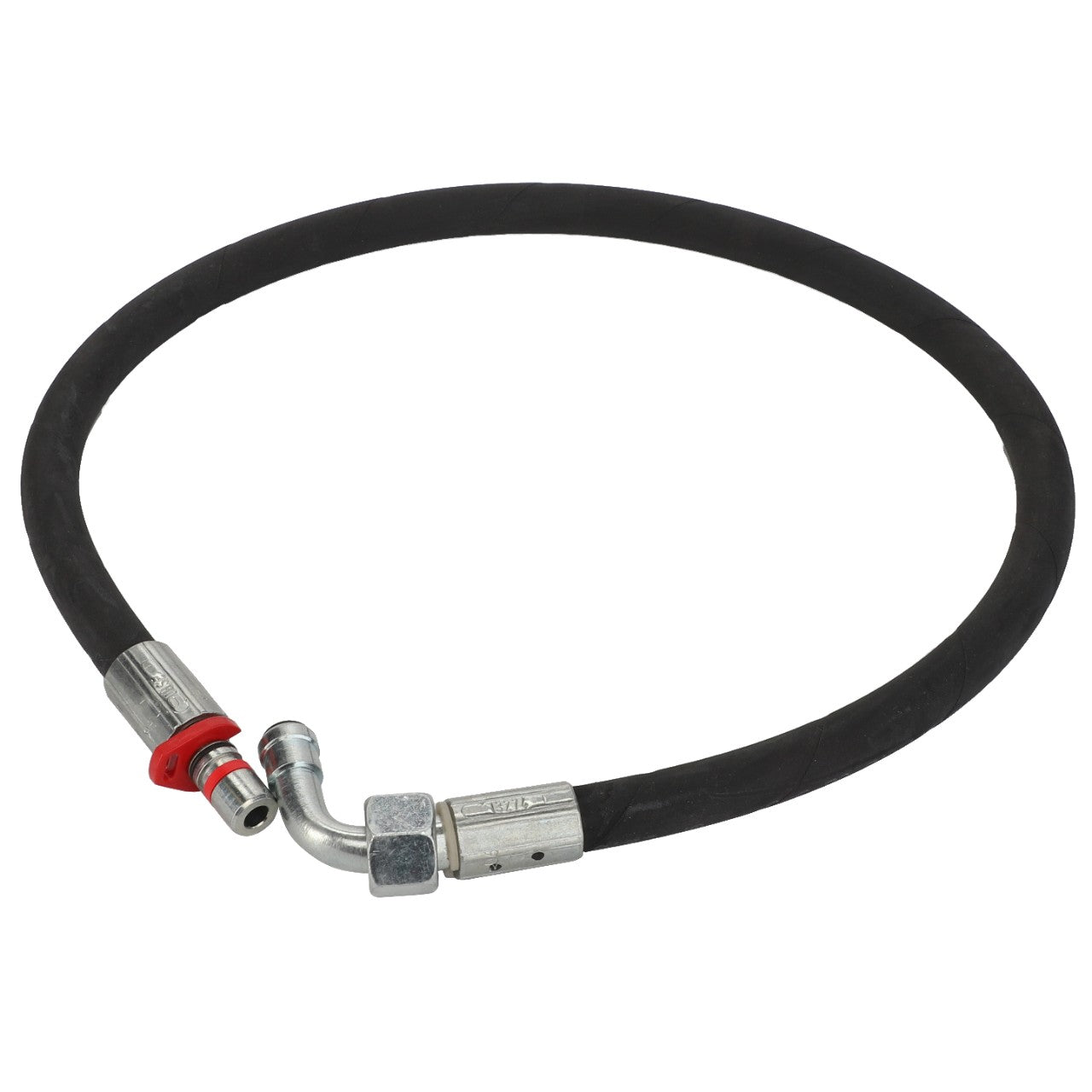 AGCO's hydraulic hose, model AL9031141, is a black rubber hose with metal fittings at both ends, featuring a right-angle bend and a red clamp near one fitting.