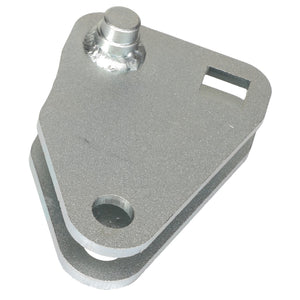 AGCO | Tensioner - Acw0615170 by AGCO is a metal hinge bracket with a refined triangular shape, featuring a cylindrical post at one corner and two strategically placed holes on each plate—one circular and one rectangular cut-out.