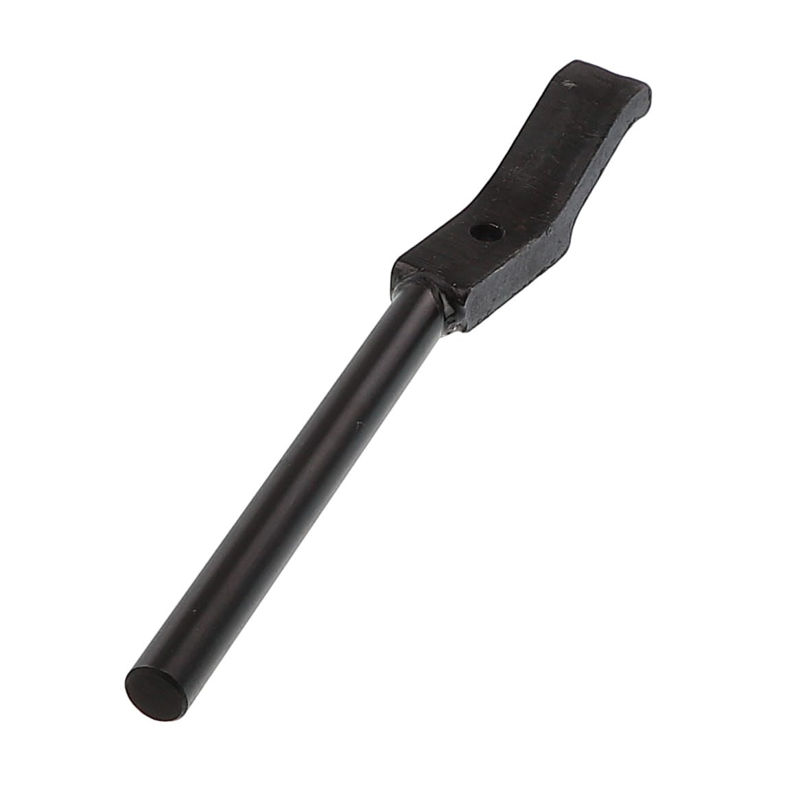 AGCO | BRACKET - AL10357981 by AGCO: A black, L-shaped metal tool with a cylindrical handle, featuring a sleek flat lever extension.