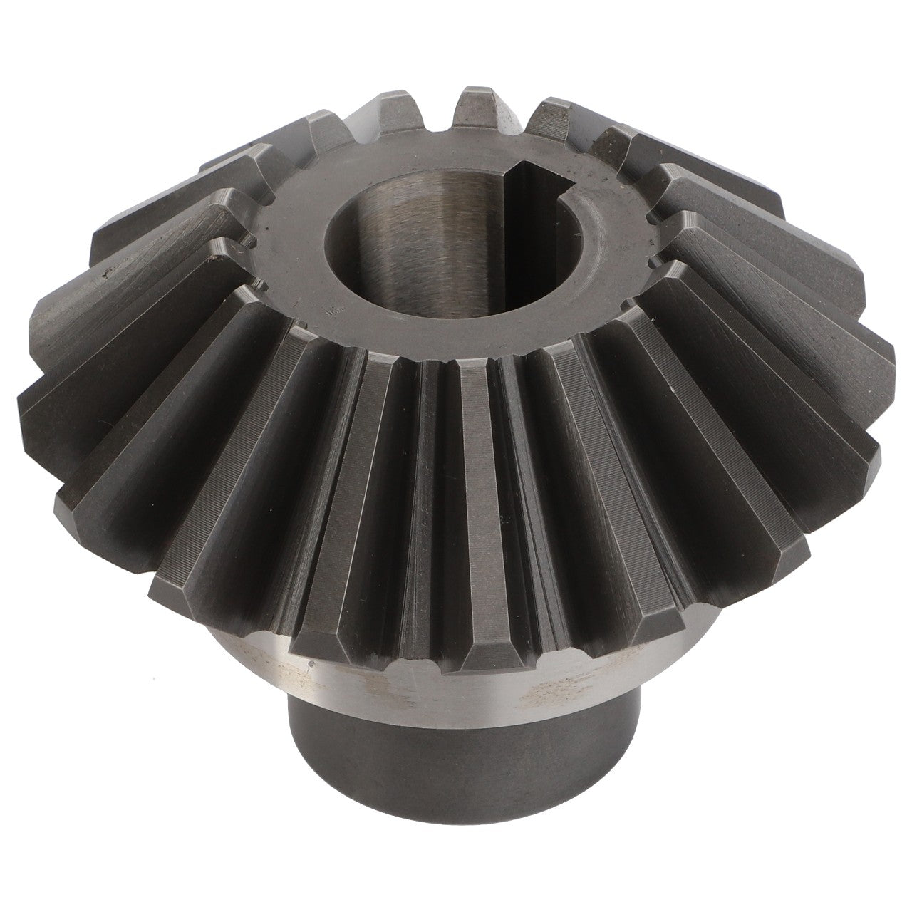 Close-up of a metallic bevel gear with angled teeth and a central hole for mounting, showcasing the AGCO Bevel Gear - Fel200349. This essential gear assembly by AGCO is designed for transmitting mechanical power between intersecting shafts, thereby enhancing machinery performance.