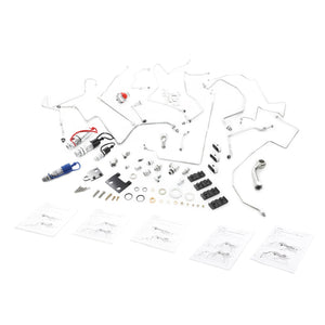 The AGCO Power Beyond Kit (ACW015268A) by AGCO, which includes an assortment of mechanical components such as tubes, valves, bolts, and instructional sheets, is meticulously arranged on a pristine white surface.