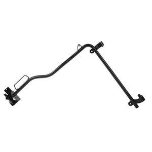 A black metal bracket with multiple mounting points and a bent tubular design, providing ideal structural support or mounting solutions, perfect for AGCO's Handle, Door, Left (part number H481810030102).