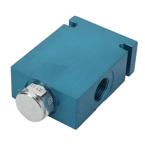 The AGCO Current Regulator - Acp0701590 is a blue rectangular metal hydraulic flow control valve featuring a round silver adjustment knob on the left side and a threaded port on the right side.