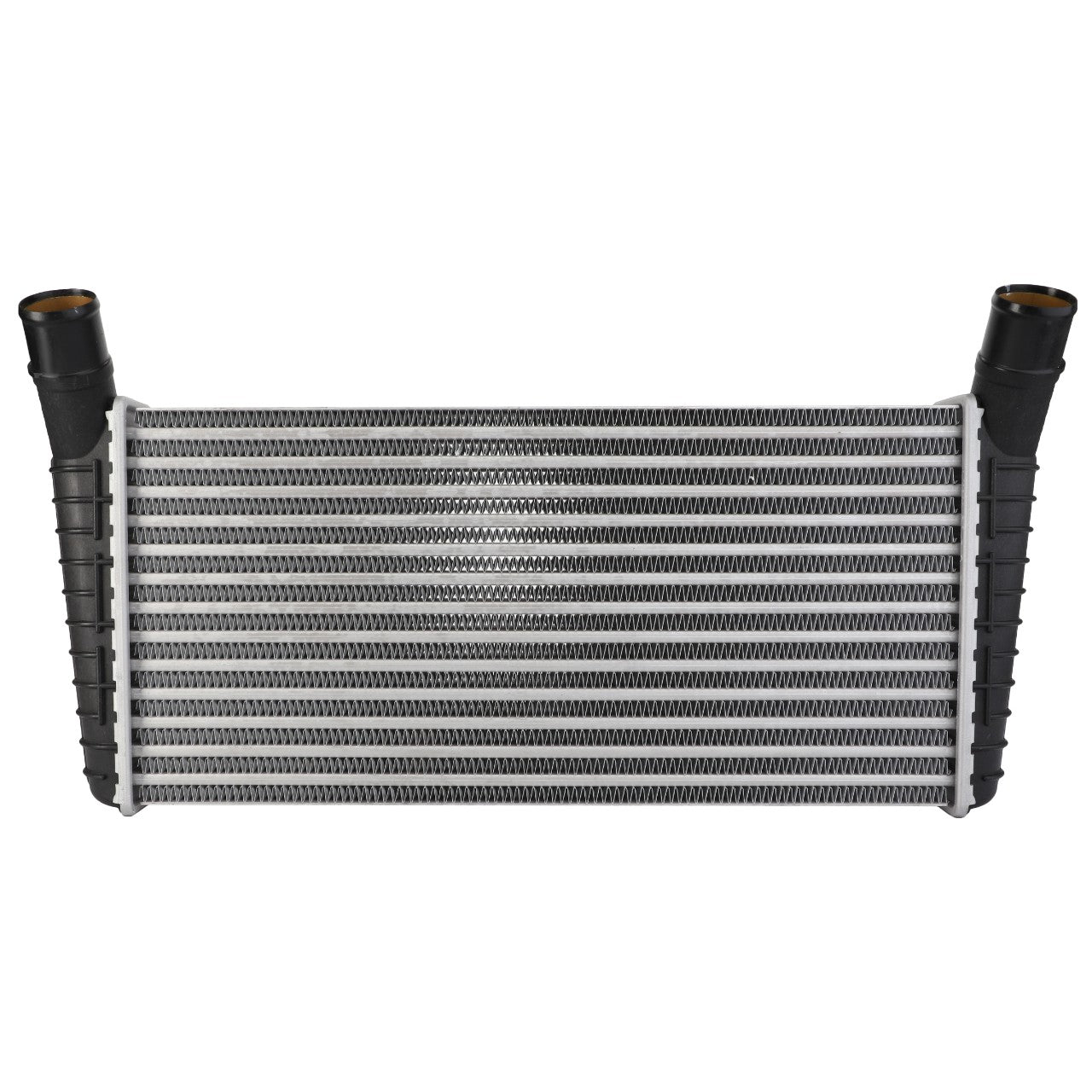 Image of an AGCO | Intercooler - Acp0419680 used for cooling the engine. It showcases a metallic core with a series of horizontal cooling fins and two black connectors at the ends, essential for efficient thermal management.