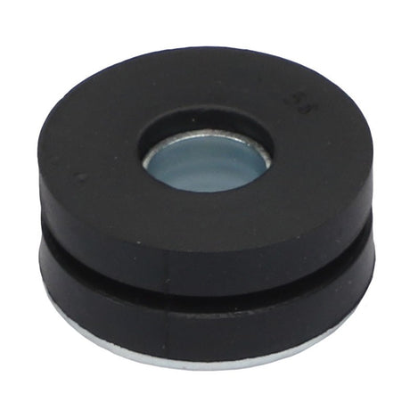 The AGCO | Isolator - Acx0034030, manufactured by AGCO, is a black rubber grommet featuring a hollow center and a metal insert at its core, designed for effective protection or insulation of materials.