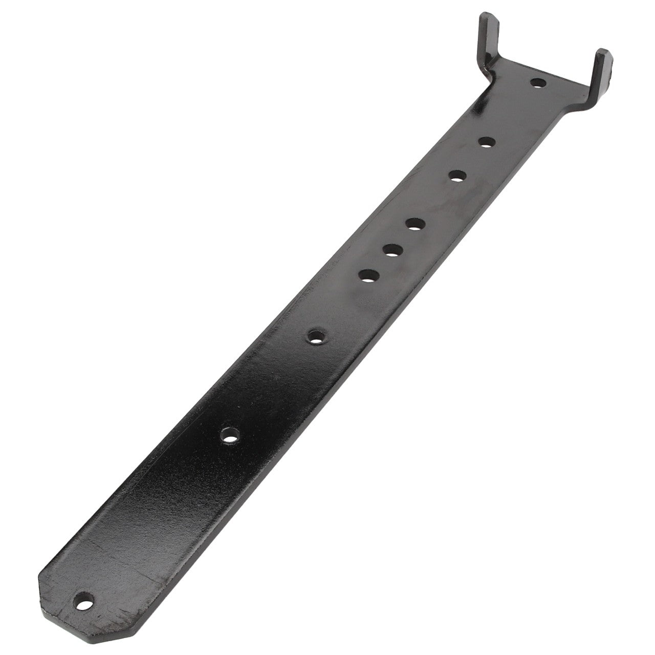 The AGCO Bracket - Acp0037650 is a black metal bracket featuring multiple holes and a U-shaped end, designed likely for mounting or support purposes. However, there is no current product description available for this item.