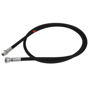 An AGCO Hose - Acw2207380, a sleek black hydraulic hose featuring metal fittings on both ends, is perfectly coiled against a pristine white background.