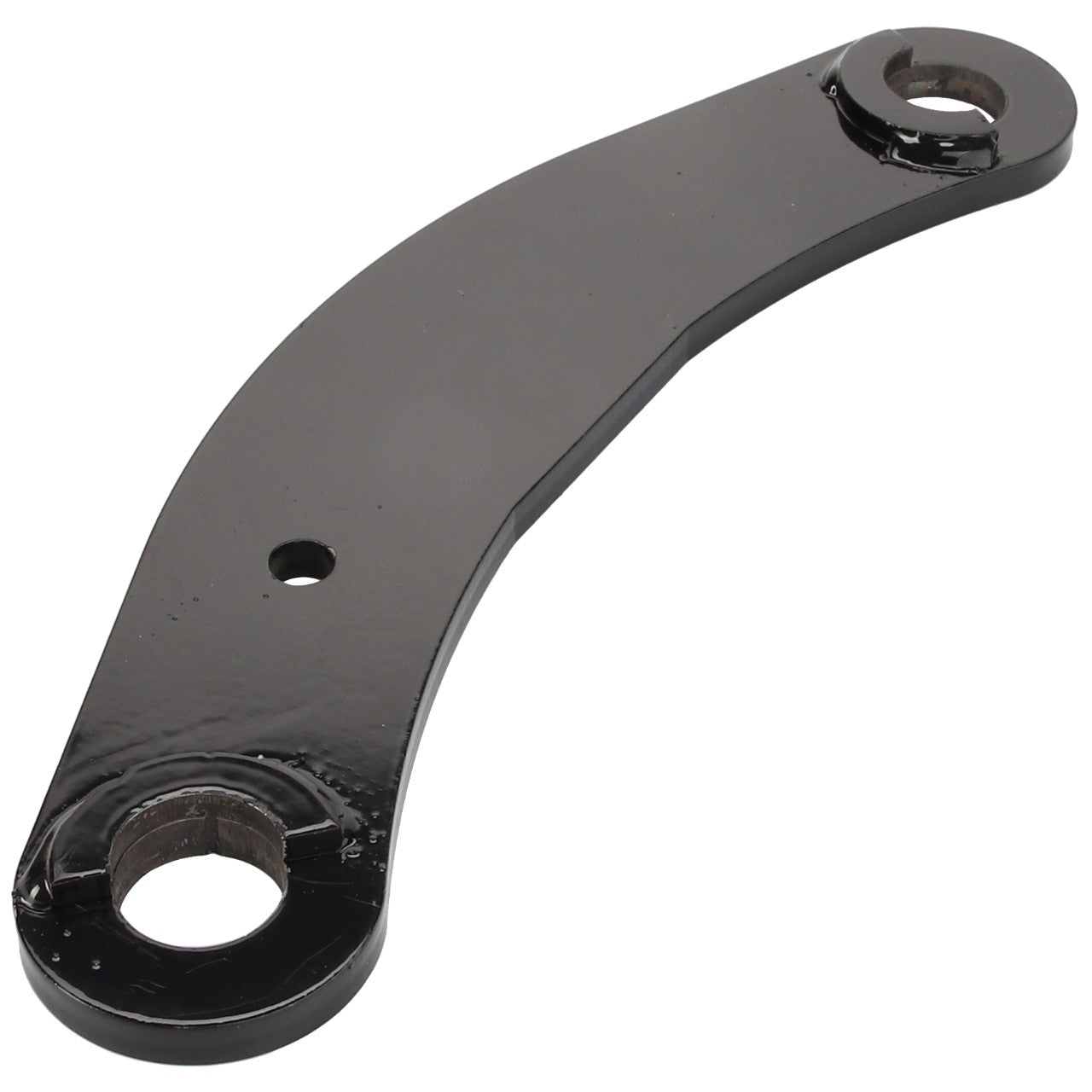 The AGCO | LINK - AL142889 by AGCO is a black metal bracket featuring a curved design and two circular holes at each end, designed for attachment or support purposes.