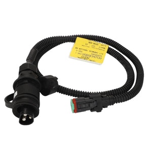 The AGCO | Harness - Acw343595A is a black coiled cable featuring a three-prong connector at one end and a black and red connector at the other, marked by a yellow identification tag. Currently, there is no detailed product description available.