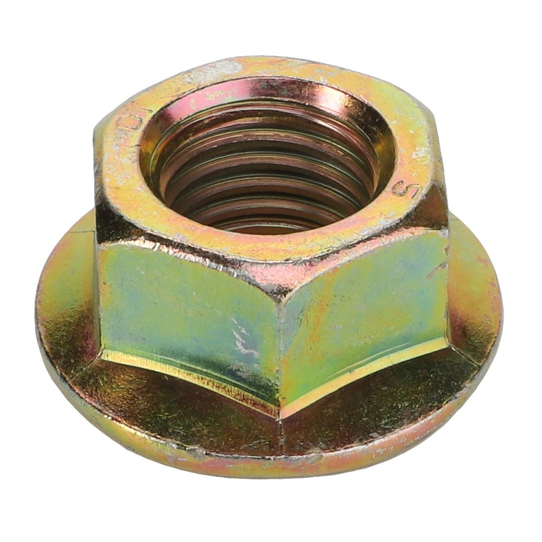 AGCO's BOLT - D46150570 is a metallic hexagonal nut with a flange, featuring a threaded interior and a smooth, flat base.