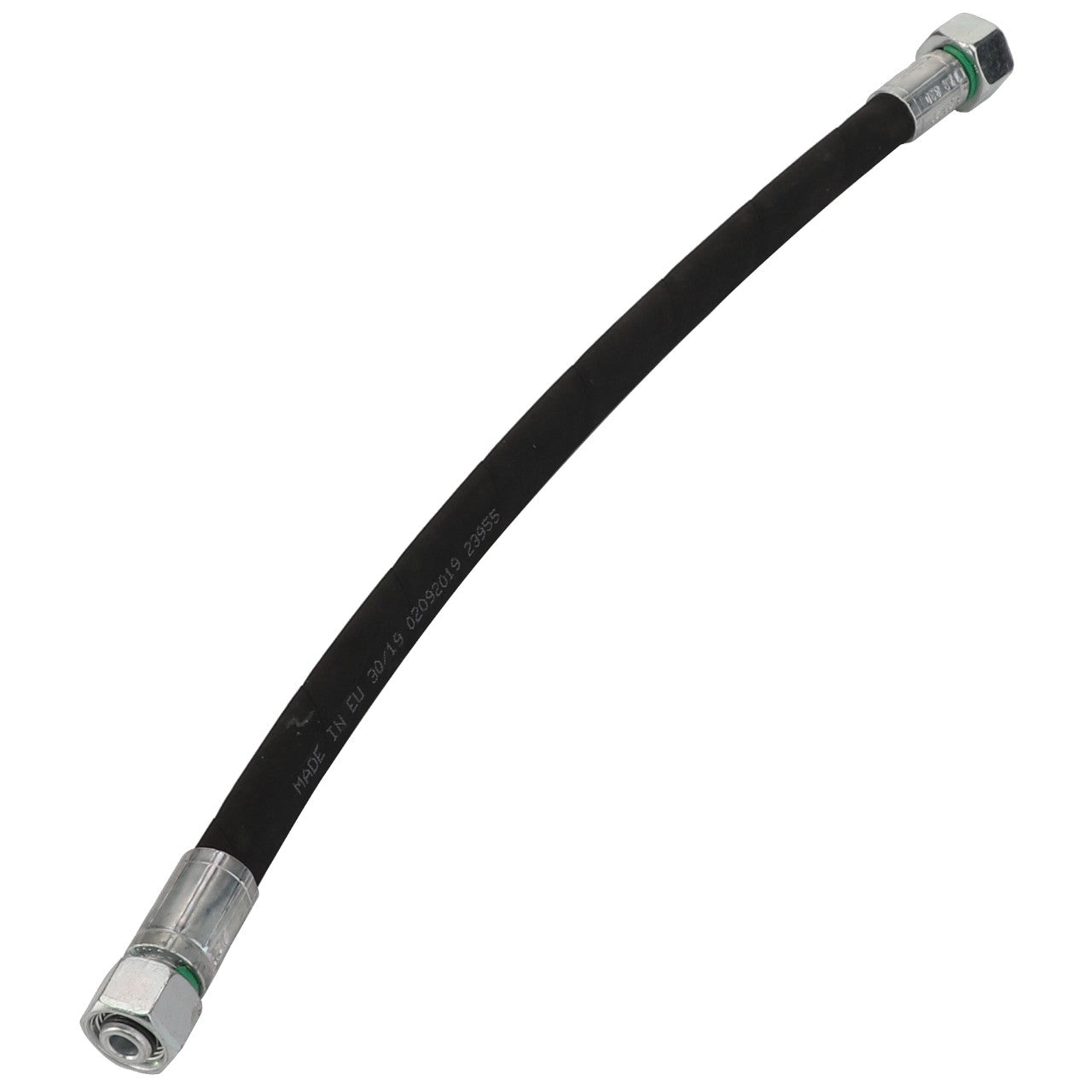 The AGCO | Hydraulic Hose - Acw9096770 is a black flexible hose, equipped with metal fittings at both ends, designed for connecting components in fluid or gas systems. No current product description information is available.