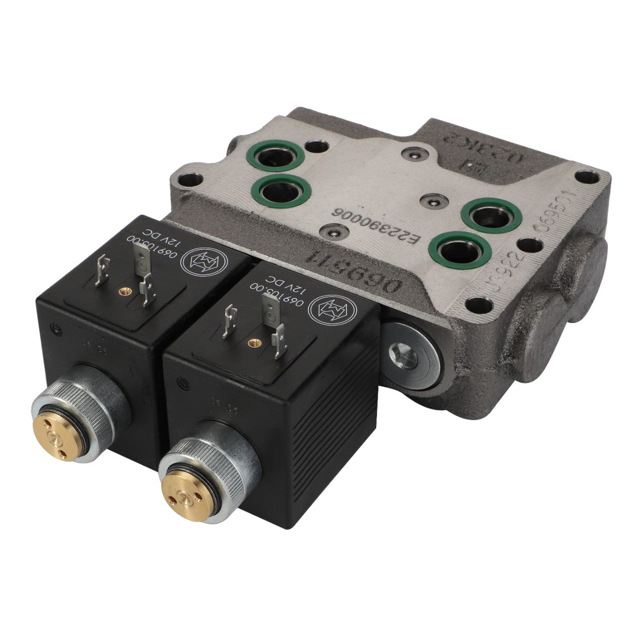 The AGCO Valve - Acp0322940 is an industrial hydraulic valve that features two robust black solenoid coils mounted on a sleek silver metallic block.