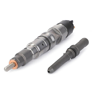 Two fuel injectors are placed side by side on a white background. The injector on the left, identified as AGCO Injector - V837079858, is larger and more complex than the one on the right.