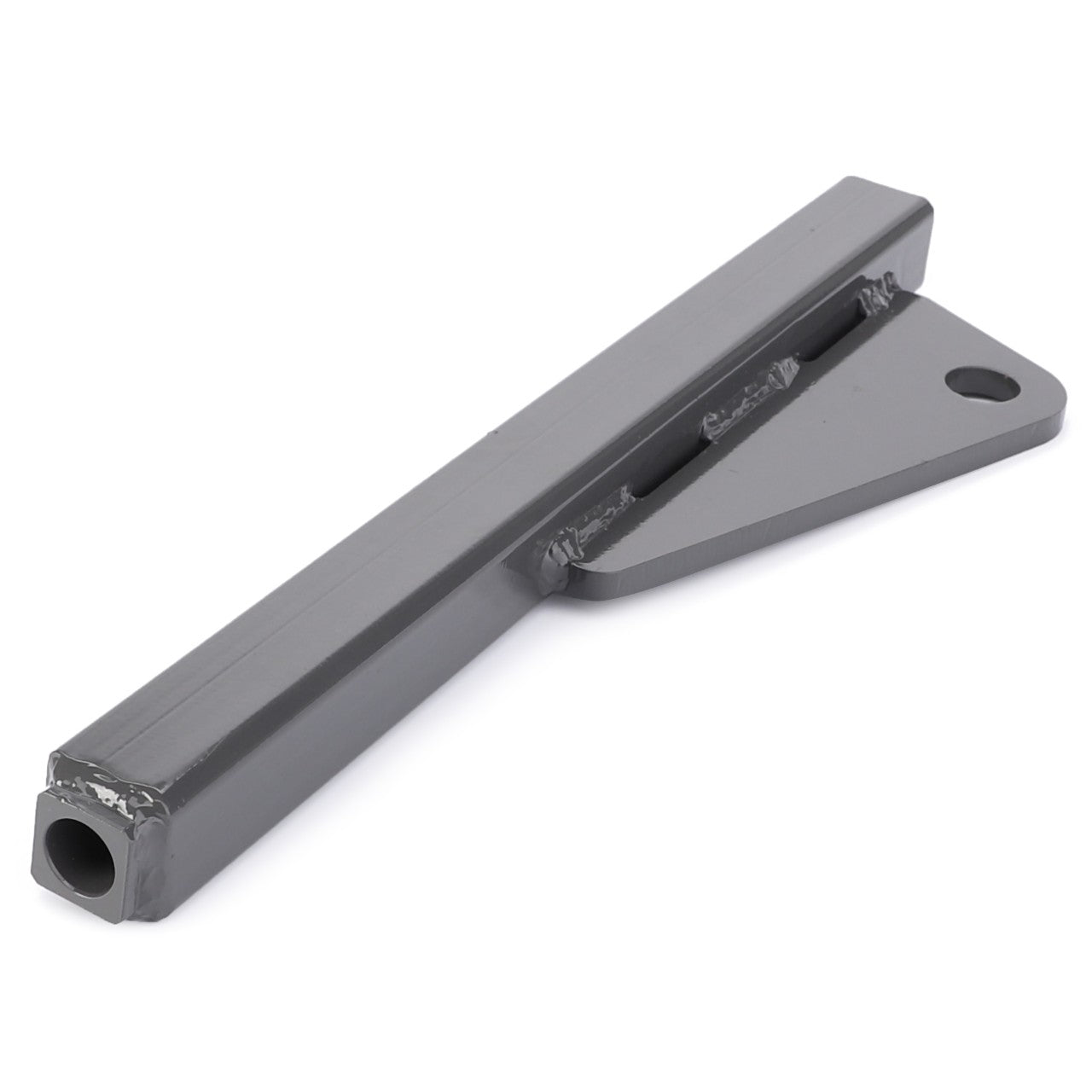 The AGCO | Slipper - Acw034169A is a gray, metal T-shaped bracket featuring a rectangular tube extending from one side and a flat, triangular base with a hole on the other.