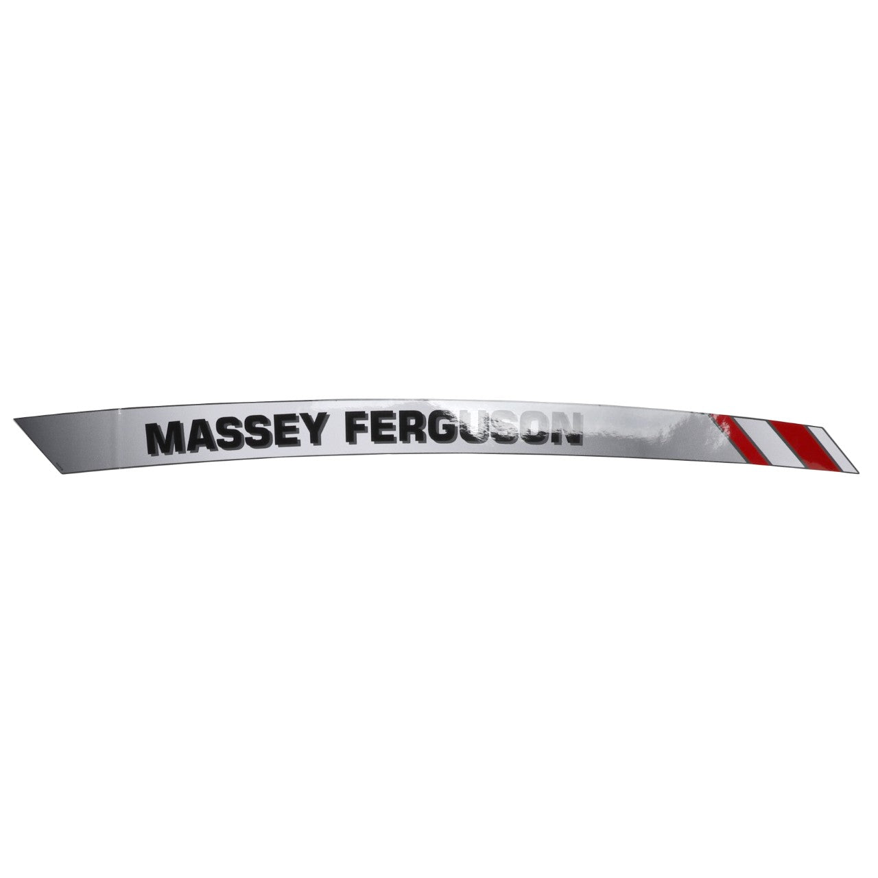 A sleek, curved metallic nameplate labeled "AGCO | DECAL - AL11137078" from the AGCO brand, featuring bold black lettering for "Massey Ferguson" and striking red and white striped accents on the right side.