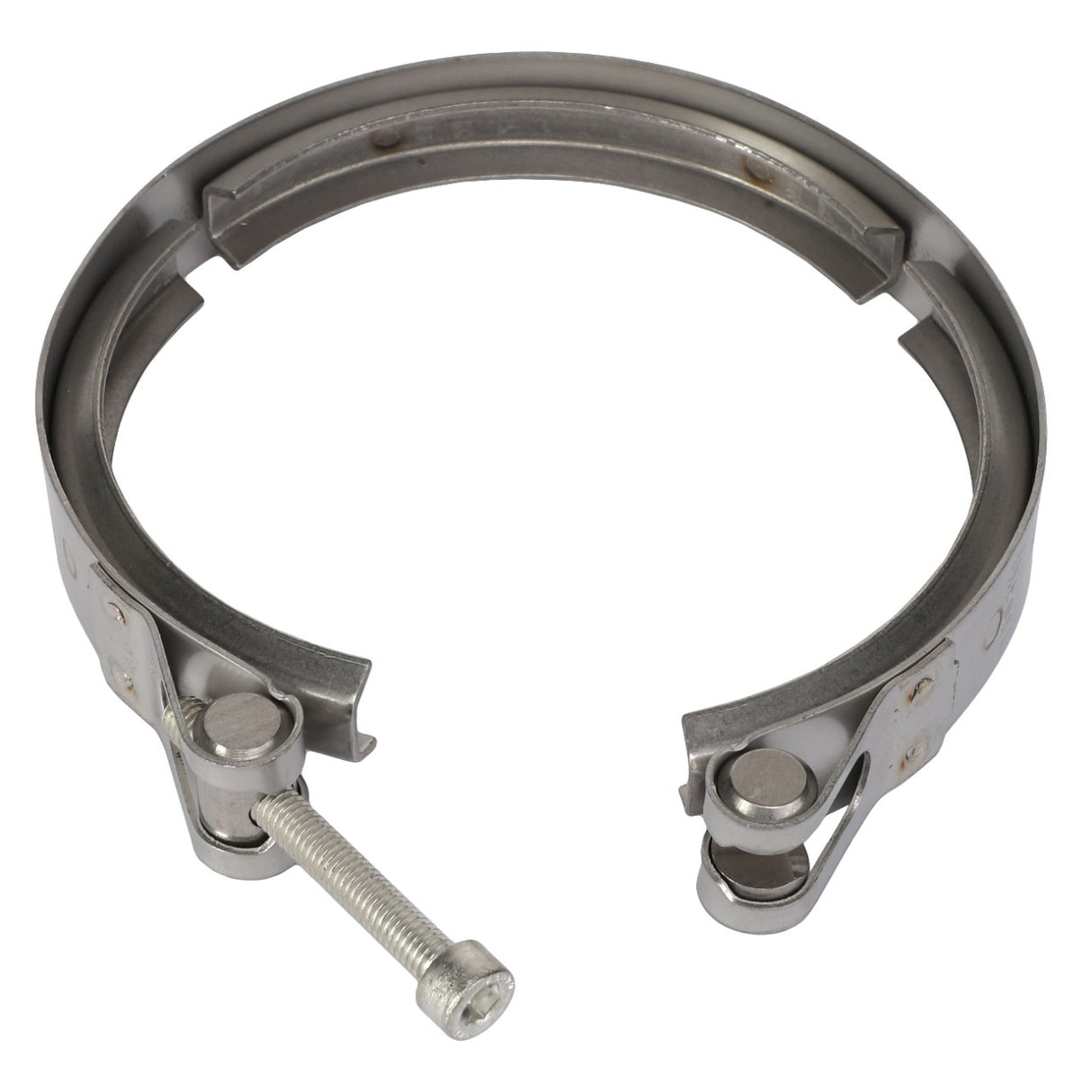 The AGCO | Profile Clip - Acp0359560 by AGCO is a metallic clamp equipped with a screw bolt and two latch mechanisms, designed specifically for securing pipes or hoses. There is no current product description available.