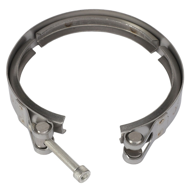 The AGCO | Profile Clip - Acp0359560 by AGCO is a metallic clamp equipped with a screw bolt and two latch mechanisms, designed specifically for securing pipes or hoses. There is no current product description available.