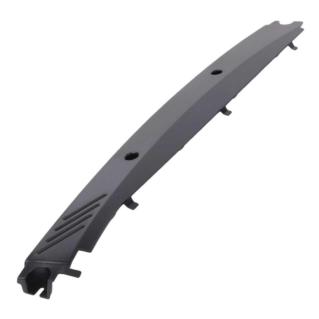 The AGCO | Panel, Roof, Right - 4350851M1 is a black plastic car part with a long, curved shape. It features several mounting points and has a distinct ribbed pattern on one end. This panel is compatible with Massey Ferguson Models and Fendt Models.