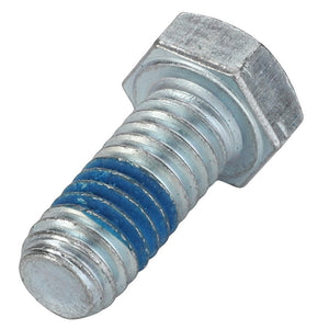 A close-up image of the AGCO Hexagonal Head Bolt - Ag006500, a metal hex bolt with partial blue thread locker applied near the middle of its threads, showcasing intricate details.