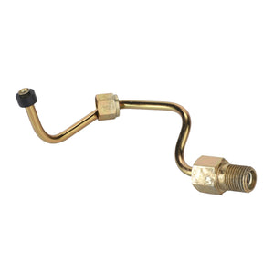 The AGCO Tube Assy - 1869936M92 is a brass fuel line connector that features a bent and threaded design, complete with a rubberized end cap and two separate sections joined by a hexagonal fitting. It is compatible with Massey Ferguson models.