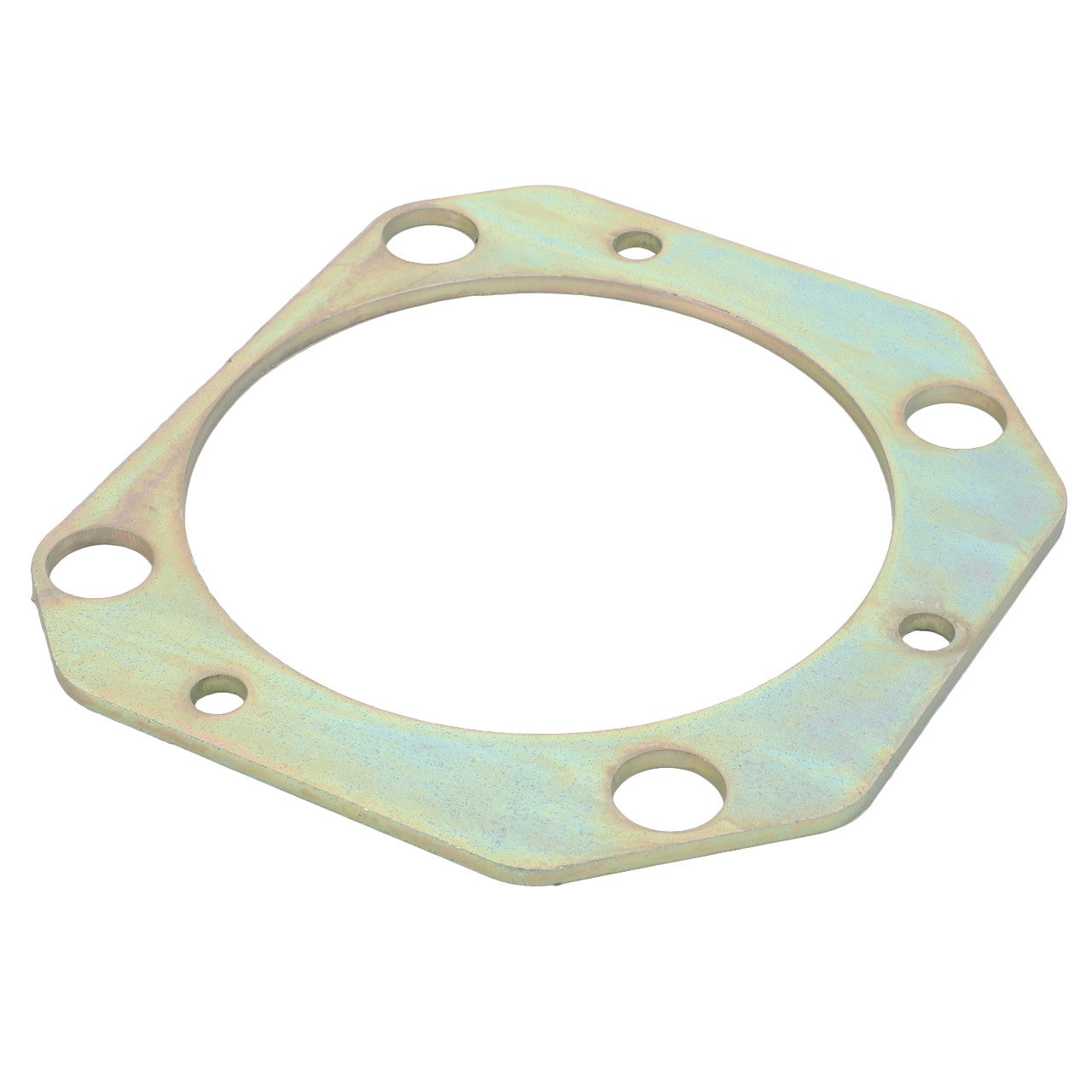 The AGCO | Adapter - Acw1713350 by AGCO is a metallic, hexagonal gasket with a large central opening and multiple smaller circular holes around its perimeter. Detailed product description information is currently unavailable.