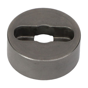 At the moment, there is no available description for the AGCO | Driver - F260940010010, a round gray metal piece with a flat top surface and an elongated oval hole in the center.