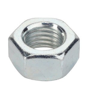 The AGCO | NUT - F916501120080 is a shiny, hexagonal metal nut with a threaded inner surface, designed for fastening bolts or screws.