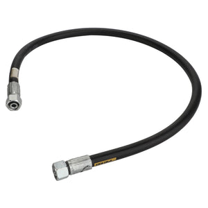 An AGCO hydraulic hose (model D45130028) with flexible black tubing, metal fittings on both ends, a slight curve, and a small yellow tag near one of the fittings.