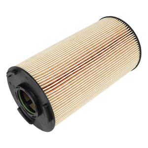 The AGCO | Engine Oil Filter Cartridge - Acp0287860 is a cylindrical pleated filter cartridge with black caps on both ends, featuring a high dirt holding capacity, used for filtration in engines or industrial systems.