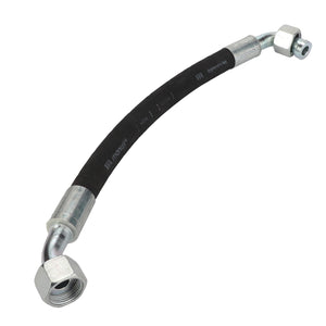 The AGCO Hydraulic Hose - D46150486 is a black hose with metal connectors on both ends, one straight and one angled. The hose features printed text and markings. We regret to inform you that there is no current product description information available.