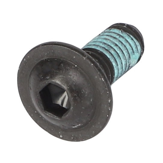 Close-up of an AGCO Torx Head Screw - Acw6176140, featuring a flat washer-like rim and threads covered in a light blue coating, showcasing intricate engineering detail.