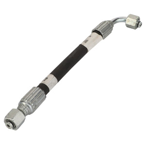 Introducing the AGCO | Hydr. Hose - 4280519M1 by AGCO: This flexible hydraulic hose is equipped with metal connectors on both ends—one straight and one angled. It features a durable black rubber section in the middle, ensuring longevity and reliability.