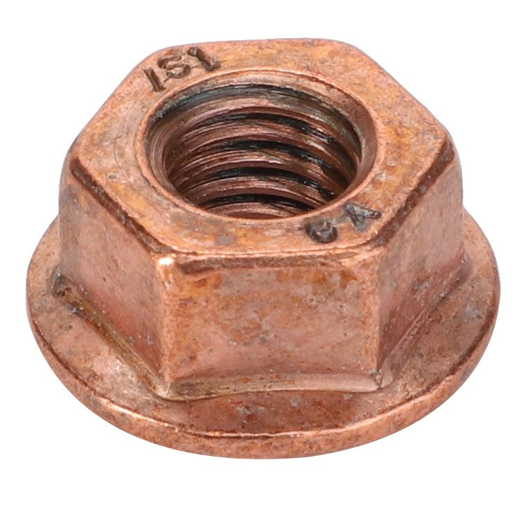 A close-up view of the AGCO Shoulder Hex Nut - F530200090740 in a copper hue, highlighting its hexagonal shape, visible internal threading, and stamped markings, presenting its meticulous craftsmanship.