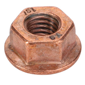 A close-up view of the AGCO Shoulder Hex Nut - F530200090740 in a copper hue, highlighting its hexagonal shape, visible internal threading, and stamped markings, presenting its meticulous craftsmanship.