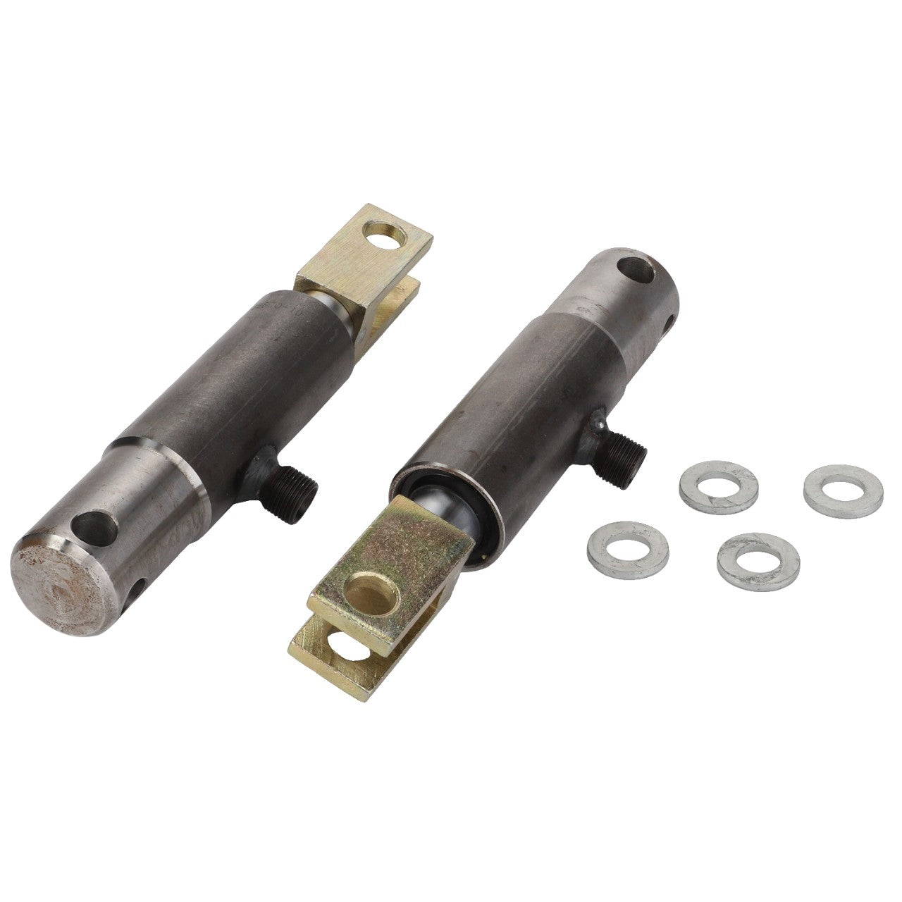 Two metal hinge pins with mounting brackets, accompanied by four washers, all part of the AGCO Brake Kit - Acx2746820, arranged on a white background. No current product description information is available.