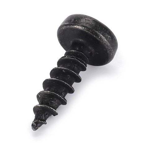 Close-up of the AGCO | Screw - 4284819M1, featuring a black, round-head design, 19.15mm in length with a sharp, spiraled thread. Ideal for Massey Ferguson and Fendt models.