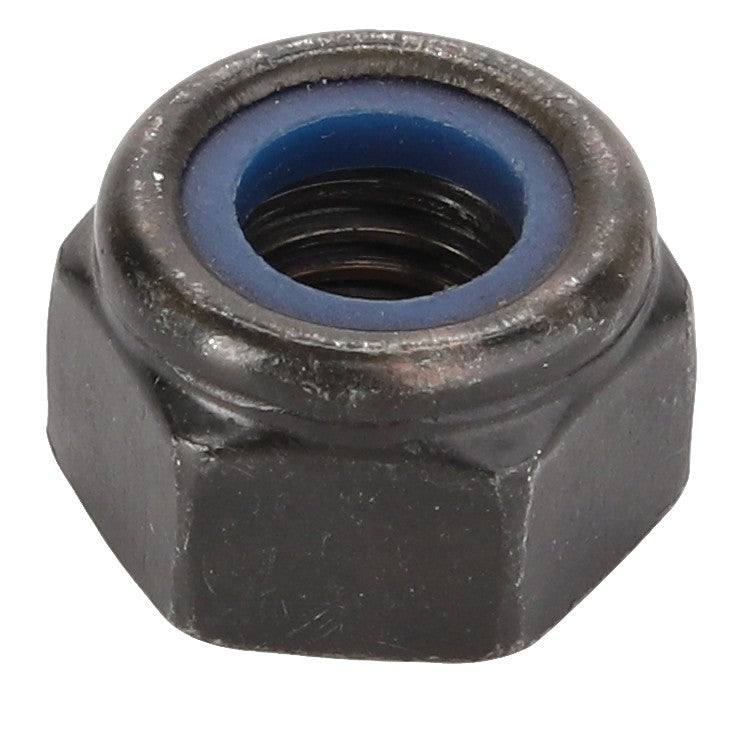 A close-up image of the AGCO LOCKNUT - D41017500, a black hexagonal locknut featuring a blue nylon insert, illustrating a product for which no current description information is available.