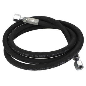 A coiled black hydraulic hose with metal fittings on both ends. The AGCO Hydraulic Hose - Acw6039210, which has white text printed along its length, currently lacks an available product description.