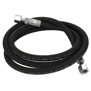 A coiled black hydraulic hose with metal fittings on both ends. The AGCO Hydraulic Hose - Acw6039210, which has white text printed along its length, currently lacks an available product description.