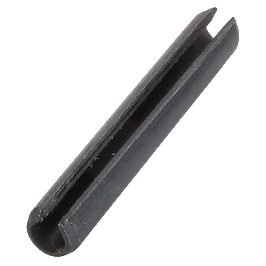 A close-up of the AGCO PIN - D42614300, a dark-colored metal roll pin featuring a hollow cylindrical shape and a lengthwise slit.