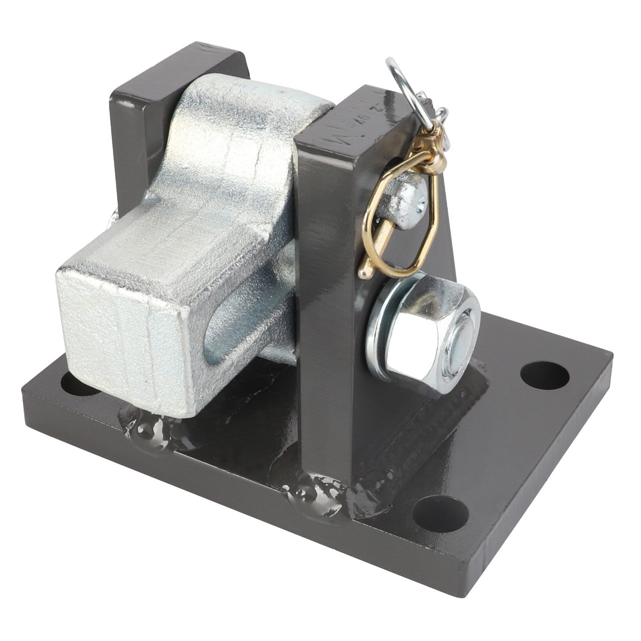 The AGCO Locking Kit - F931502166060 is a metal industrial clevis hinge featuring a silver-colored pin and a retaining clip. It is mounted on a rectangular black base with four bolt holes. Currently, no additional product description information is available.