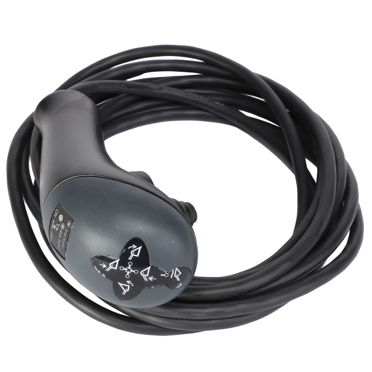 The AGCO | GRIP - AL5020960 is a coiled black EV charging cable featuring a control handle with various symbols.