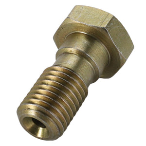 A close-up of an AGCO Banjo Bolt, model F214202710390, made of brass with a hexagonal head and threaded body.