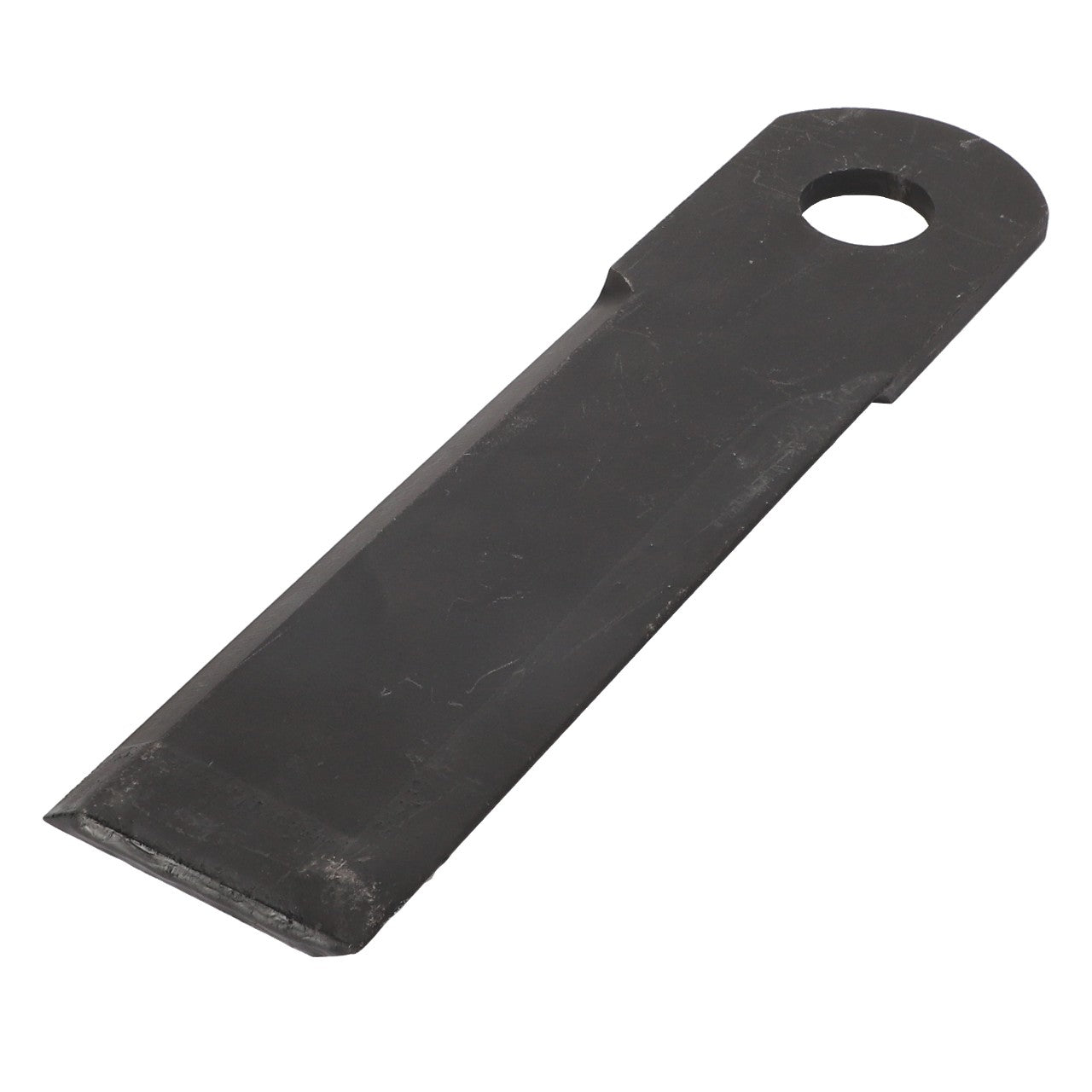 The AGCO Knife - Acp0280760 is a sleek black metal blade, featuring a hole near the top end presumably designed for attachment.