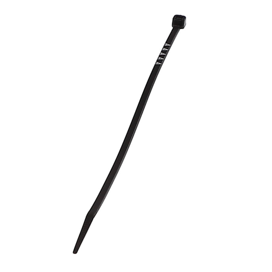 Introducing the AGCO | CABLE TIE - AL5034431 by AGCO, a single black plastic cable tie equipped with a reliable locking mechanism at one end, perfect for securely bundling or fastening various items together tightly.