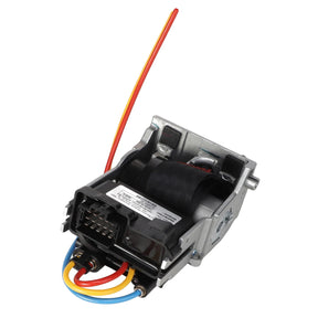 The AGCO | CONTROL - F930500031010 by AGCO is an electrical component with multiple colored wires, including red, yellow, orange, blue, and black. It features a rectangular connector and a metallic casing. Currently, no product description information is available for this item.