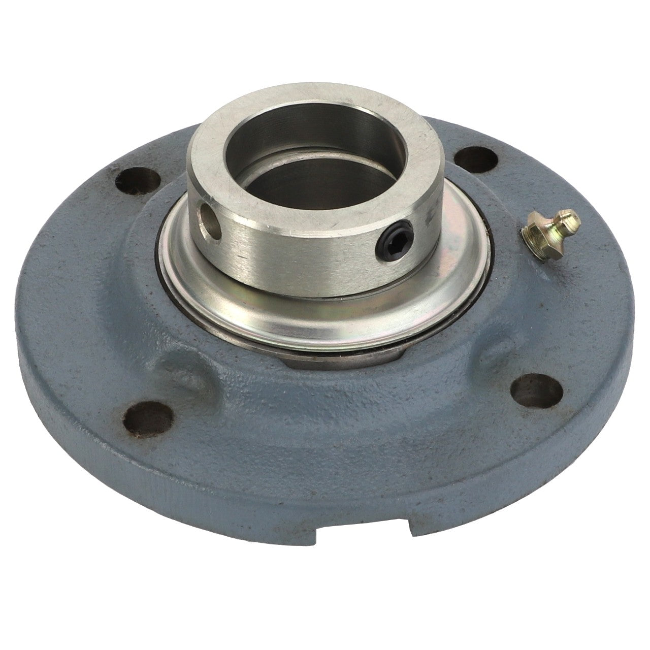 The AGCO Bearing Assy - 6206718M91 is a high-quality metal flange bearing with a gray housing and a circular opening. It features multiple mounting holes and includes a grease fitting for easy maintenance. Detailed product description currently unavailable.