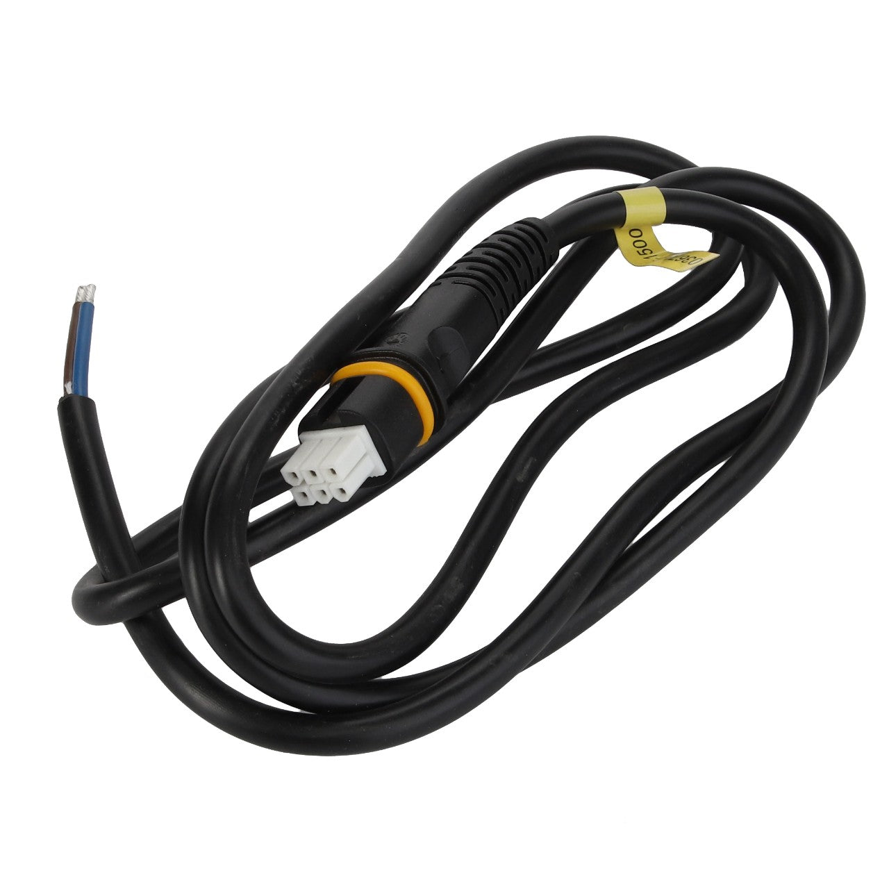 AGCO's D46150515 electrical cable features black insulation with exposed wires on one end and a six-prong connector on the other, neatly coiled and secured with a vibrant yellow label.