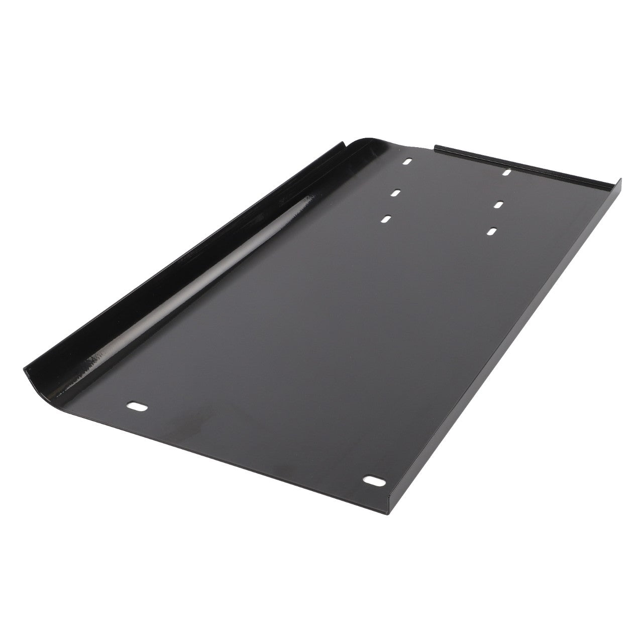 The AGCO Fender Extension, Right - 4281551M2 is a flat, black metal sheet with multiple holes and raised edges on two sides, making it ideal as a fender and mudguard for Massey Ferguson models. Genuine AGCO Parts ensures durability and a perfect fit.